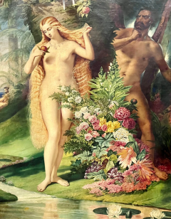 A LARGE ANTIQUE OIL ON CANVAS DEPICTING BIBLICAL ADAM AND EVE - 3827390