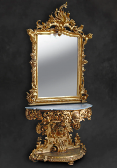 A LARGE ITALIAN ROCOCO STYLE CARVED GILT WOOD MARBLE MIRROR AND CONSOLE - 3537418