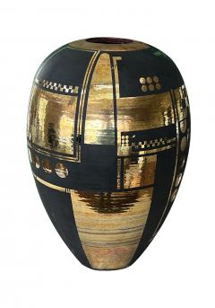 A Large Art Deco Style Black Glazed Ovoid Vase with Gilt Geometric Decoration - 3474500