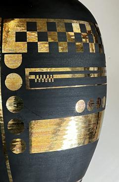 A Large Art Deco Style Black Glazed Ovoid Vase with Gilt Geometric Decoration - 3474505