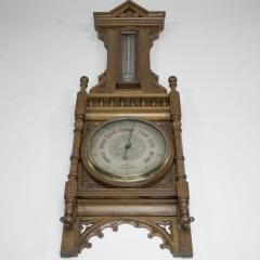 A Large Gothic Revival Carved Oak Barometer with a Rare Snail Tail Thermometer - 4188831