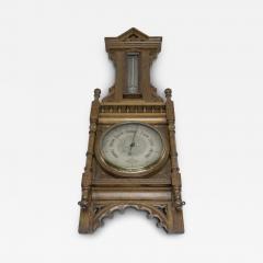 A Large Gothic Revival Carved Oak Barometer with a Rare Snail Tail Thermometer - 4234572
