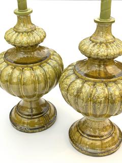 A Large Pair of 1960s Baluster form Lobed Chartreuse Drip Glazed Lamps - 3722479