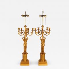 A Large Pair of French Empire style Gilt Bronze Five Light Candelabra Lamps - 832732