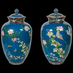 A Large Pair of Japanese Cloisonne Enamel Blue Ground Vases and Covers Meiji - 3901901