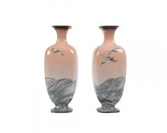 A Large Pair of Japanese Cloisonne Pink Ground Vases Featuring Sunset and Cranes - 3211168