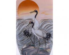 A Large Pair of Japanese Cloisonne Pink Ground Vases Featuring Sunset and Cranes - 3211169