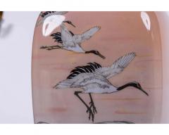 A Large Pair of Japanese Cloisonne Pink Ground Vases Featuring Sunset and Cranes - 3211173