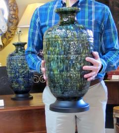 A Massive Pair of American Ceramic Lamps with Blue Green and Yellow Drip Glaze - 509471