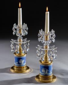 A PAIR OF GEORGE III CUT GLASS ORMOLU MOUNTED WEDGWOOD DRUM CANDLESTICKS - 3788046