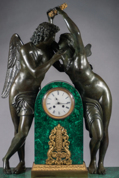 A PALATIAL PATINATED BRONZE MALACHITE MANTEL CLOCK OF CUPID AND PSYCHE - 3566541
