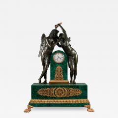 A PALATIAL PATINATED BRONZE MALACHITE MANTEL CLOCK OF CUPID AND PSYCHE - 3570292