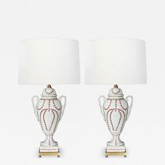 A Pair Of French Louis XVI Style White Porcelain Lamps Bell Flower Garlands - 3475853