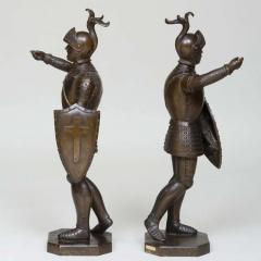 A Pair Of Patinated Bronze Medieval Crusader Sculptures with Armor and Shields - 2213438