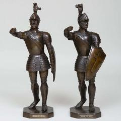 A Pair Of Patinated Bronze Medieval Crusader Sculptures with Armor and Shields - 2213439