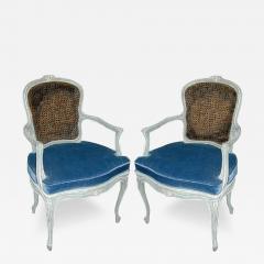 A Pair of 19th Century French Louis XV Style Blue Polychrome Armchairs - 3360297