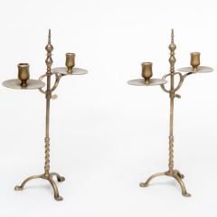 A Pair of Arts Crafts Brass Twin Branch Candelabras with Adjustable Height - 4236646