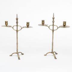 A Pair of Arts Crafts Brass Twin Branch Candelabras with Adjustable Height - 4236647
