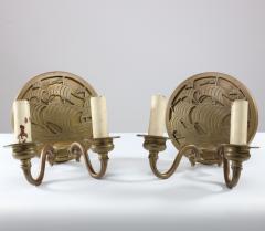 A Pair of Arts Crafts Brass Wall Lights with Galleons in Sail - 4192379