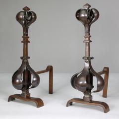 A Pair of Arts Crafts Copper Bronze Fire Dogs with Pyramid Style Finials - 4188871
