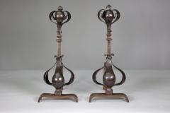 A Pair of Arts Crafts Copper Bronze Fire Dogs with Pyramid Style Finials - 4188872