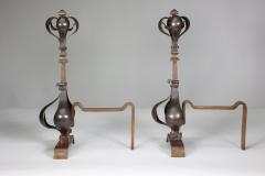 A Pair of Arts Crafts Copper Bronze Fire Dogs with Pyramid Style Finials - 4188873