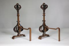 A Pair of Arts Crafts Copper Bronze Fire Dogs with Pyramid Style Finials - 4188874