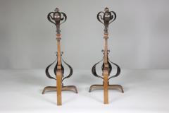 A Pair of Arts Crafts Copper Bronze Fire Dogs with Pyramid Style Finials - 4188875