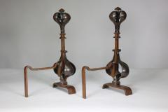 A Pair of Arts Crafts Copper Bronze Fire Dogs with Pyramid Style Finials - 4188876