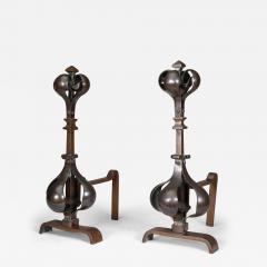 A Pair of Arts Crafts Copper Bronze Fire Dogs with Pyramid Style Finials - 4232816