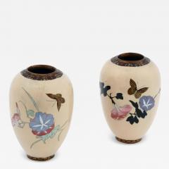 A Pair of Barrel Shaped Japanese Meiji Cloisonne Enamel Butterfly Vases - 3909783