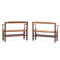 A Pair of French Elm Rush Seat Cantou Benches C 1920  - 4346676