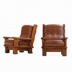 A Pair of French Heavy Oak Brutalist style Open Arm Chairs C 1960  - 4556060