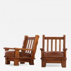 A Pair of French Heavy Oak Brutalist style Open Arm Chairs C 1960  - 4556161