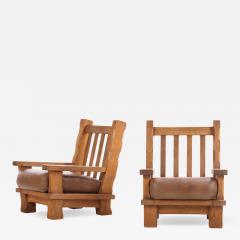 A Pair of French Heavy Oak Brutalist style Open Arm Chairs C 1960  - 4556252