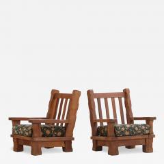 A Pair of French Heavy Oak Brutalist style Open Arm Chairs C 1960  - 4649485