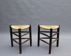 A Pair of French Mid Century triangular stools with rush seats - 2004692