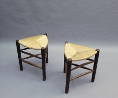 A Pair of French Mid Century triangular stools with rush seats - 2004696
