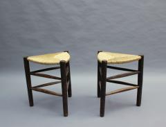 A Pair of French Mid Century triangular stools with rush seats - 2004698