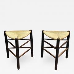 A Pair of French Mid Century triangular stools with rush seats - 2010006