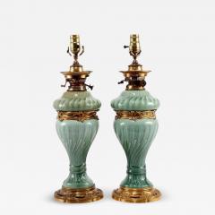 A Pair of French Theodore Deck Ormolu Mounted Celadon Porcelain Lamps - 2710069