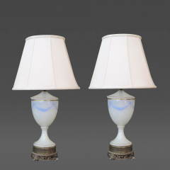 A Pair of French White Opaline Lamps with Hand Painted Garland - 36526