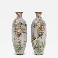 A Pair of High Quality Antique Japanese Cloisonne Silver Wire Enamel Vases - 3909773