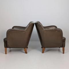 A Pair of Mid Century Finnish Armchairs in Brown Leather 1940s - 4484513