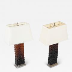 A Pair of Mid-Century Wavy Amber Glass & Steel Lamps
