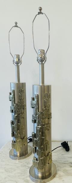 A Pair of Modernist Table Lamps Brushed Nickel and Sculptural Metal 1970s - 3055712