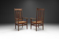 A Pair of Oak and Woven Rush High Back Armchairs France 1940s - 3929190