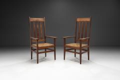A Pair of Oak and Woven Rush High Back Armchairs France 1940s - 3929191