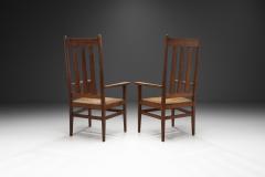 A Pair of Oak and Woven Rush High Back Armchairs France 1940s - 3929192