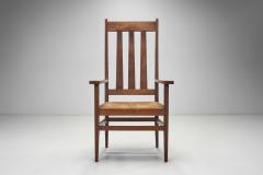 A Pair of Oak and Woven Rush High Back Armchairs France 1940s - 3929194